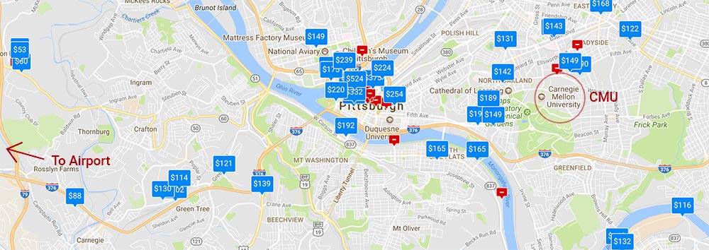 Map of Pittsburgh showing avaialble accomodation locations